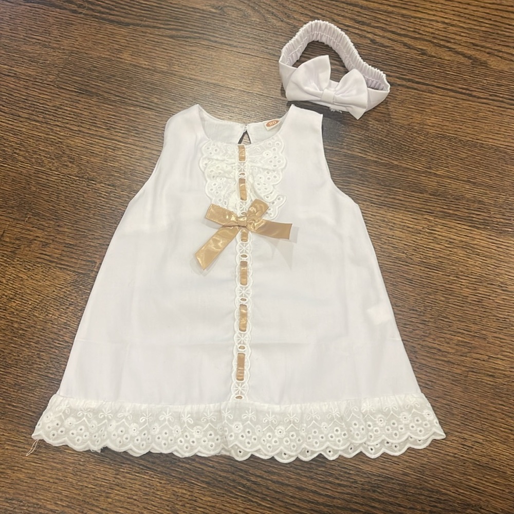 White Dress with Tan Bow and Matching Headband